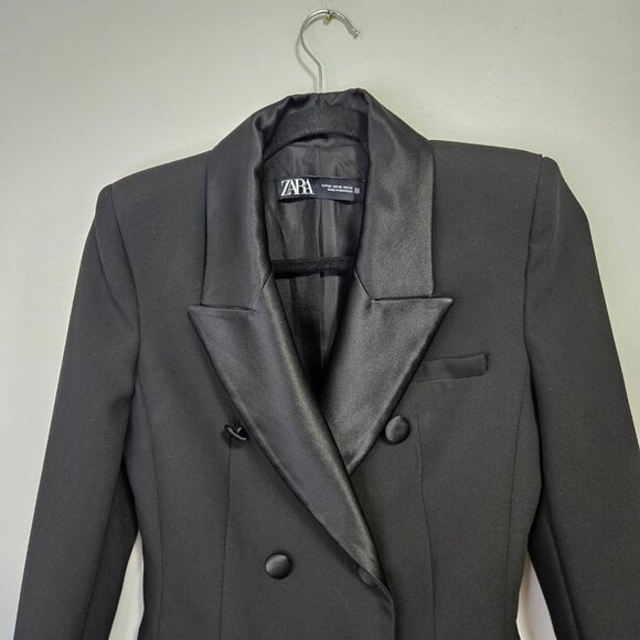 Zara Double Breasted Tailored Tuxedo Blazer Jacket XS Black 9064/940 - Picture 4 of 12